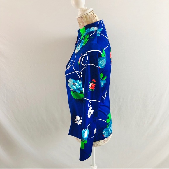 SOLD. Vintage 70s Vivid Blue Dagger Collar Poly Shirt S. - Picture 7 of 11